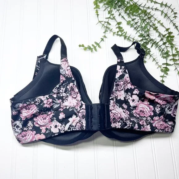 Torrid Black Floral Skull Curve 360 Back Smoothing Push Up Plunge Bra, Size 42D - Picture 2 of 9